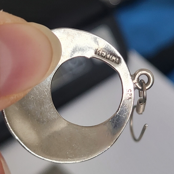 Vintage Sterling Silver Boho Western Mexico Turquoise Inlay Round Drop Earrings - Picture 11 of 12